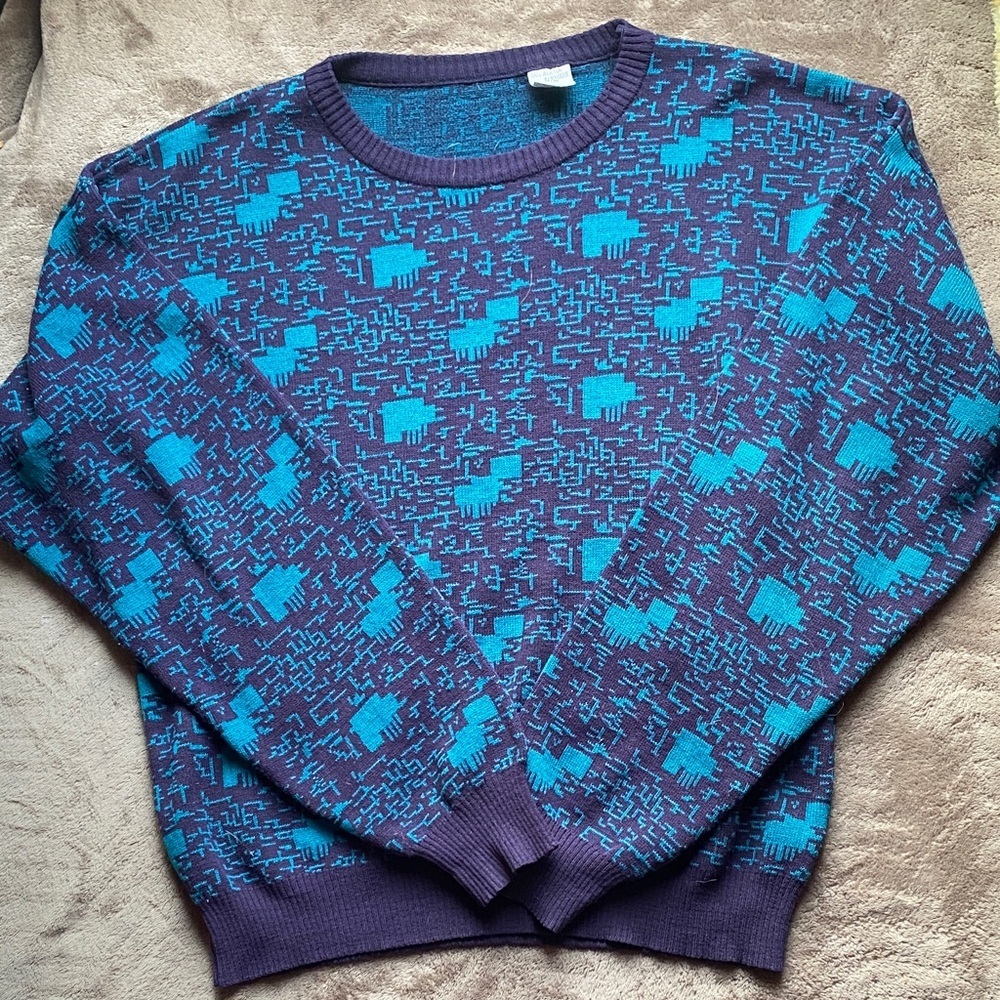 Vintage 90s Geometric Knit Sweater Purple Teal Abstract Grandpa Style Unisex